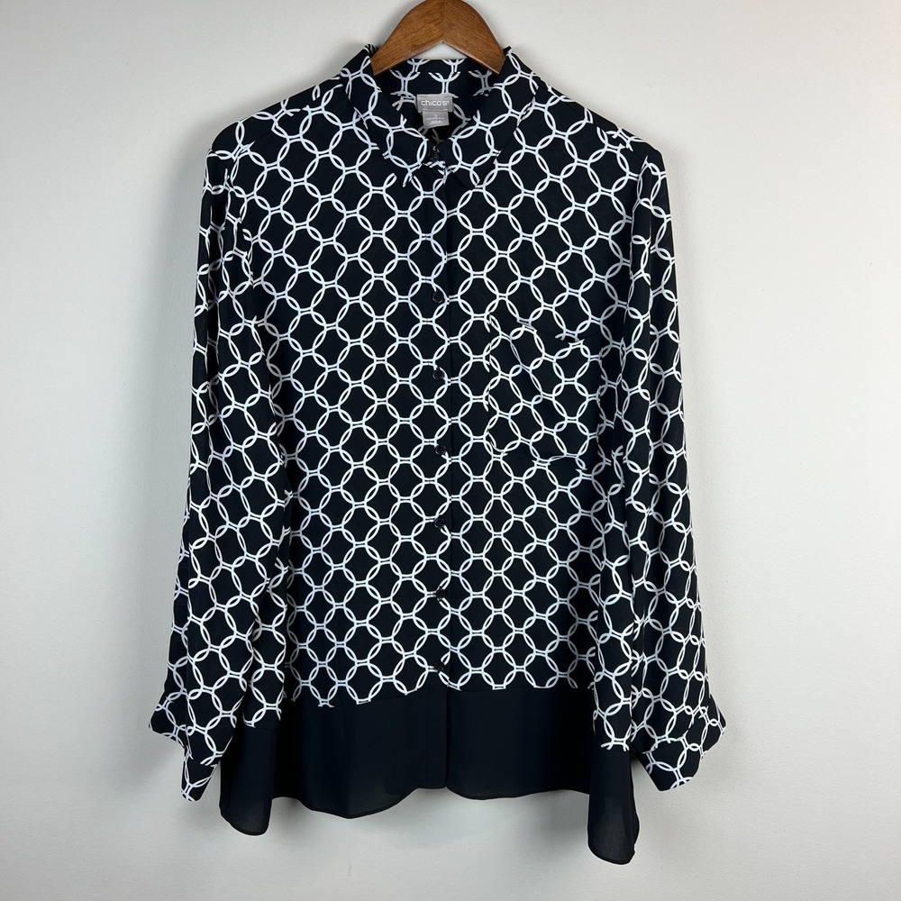 Chicos 3 Sheer Tunic Blouse Womens 16‎ 18 Black White Geometric Flowy Office Top